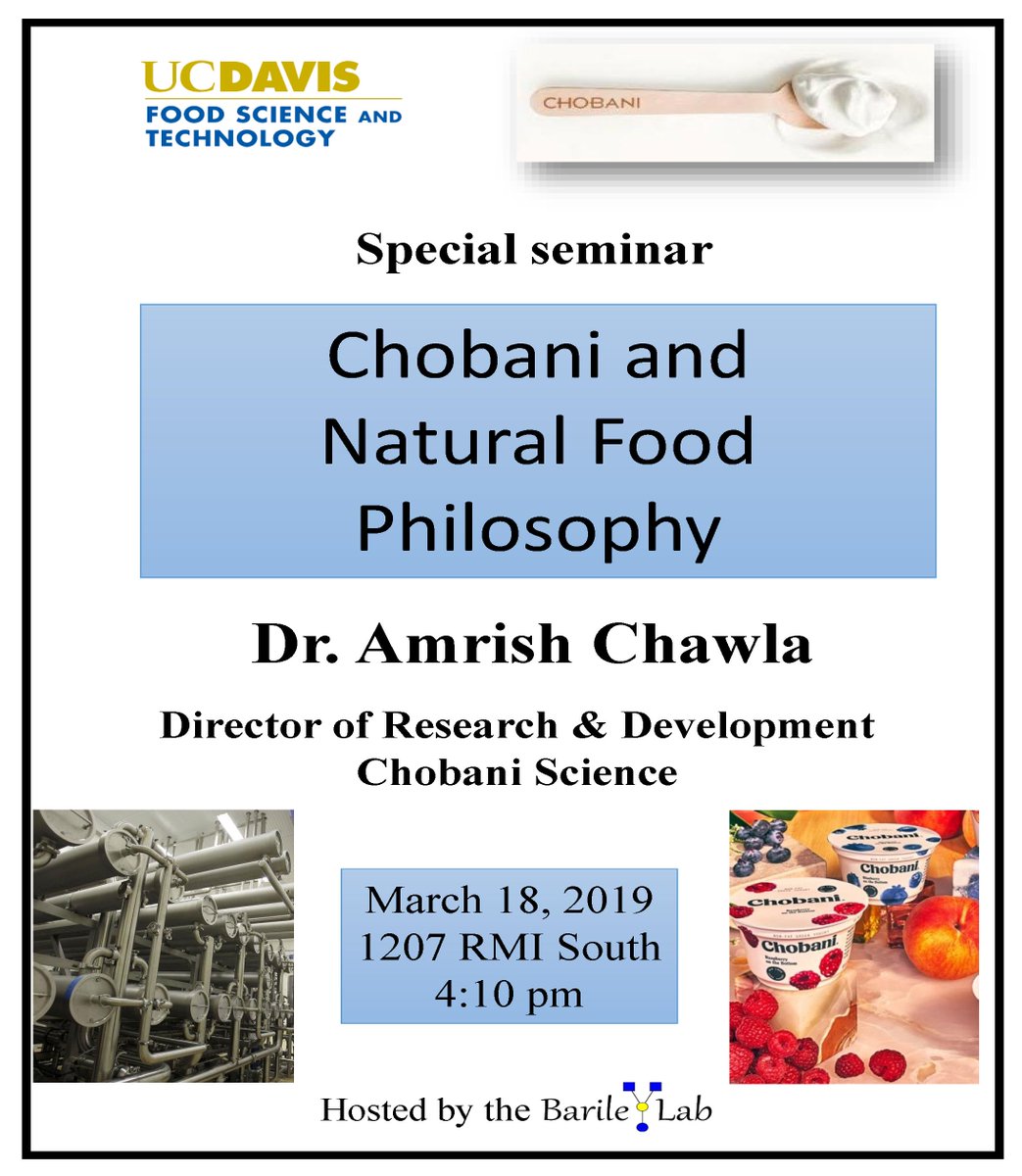 barile_daniela's tweet photo. Believe in the power of fermentation! 
Dr. Amrish Chawla, Director of R&amp;D  #ChobaniScience delivers captivating seminar and new products tasting. Students loved interacting with a true R&amp;D leader. Thank you @davidamills—great idea to host this special seminar!
@Chobani https://t.co/5iw2EvK2S6