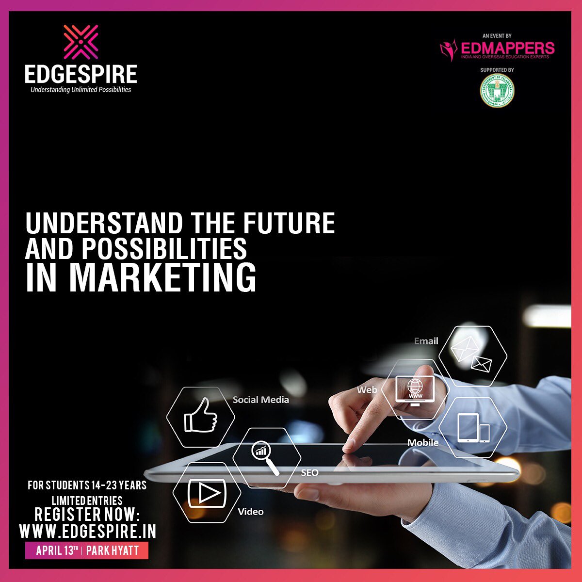 edgespirehyd's tweet photo. Understand the future and possibilities in the field of marketing from our expert speakers who have made a mark in their respective streams. Register now and map your carrer in the right direction.  #edgespirehyd #edmappers #studyabroad #career #educationalevent #marketingcareer https://t.co/maq4zLEcYW