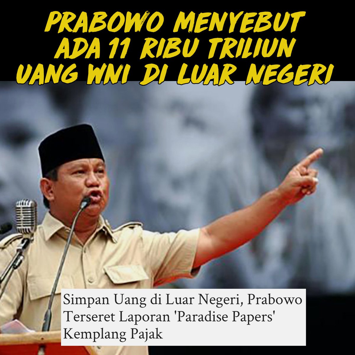 AdiImmortality's tweet photo. Setiap ada kesempatan, Pak Prabowo pasti selalu me-mention uang WNI yang ada di luar negeri, mengkritik mereka padahal dia juga dicurigai menyembunyikan uangnya disana. Seoalh lempar batu sembunyi tangan. https://t.co/FFpwxs8LPC    @pmi_kendal @iraaheny @UlfahAzura @MicSchirtze https://t.co/rnlH7cbXPx