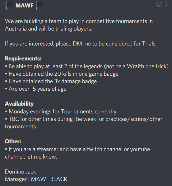mawfesports's tweet photo. MAWF BLACK is expanding. 
.
Interested in being in a team competing in Apex Tournaments in OCE? Shoot us or @domino_jack a DM.
.
@PlayApex #Apex https://t.co/c5FWTbTCx0