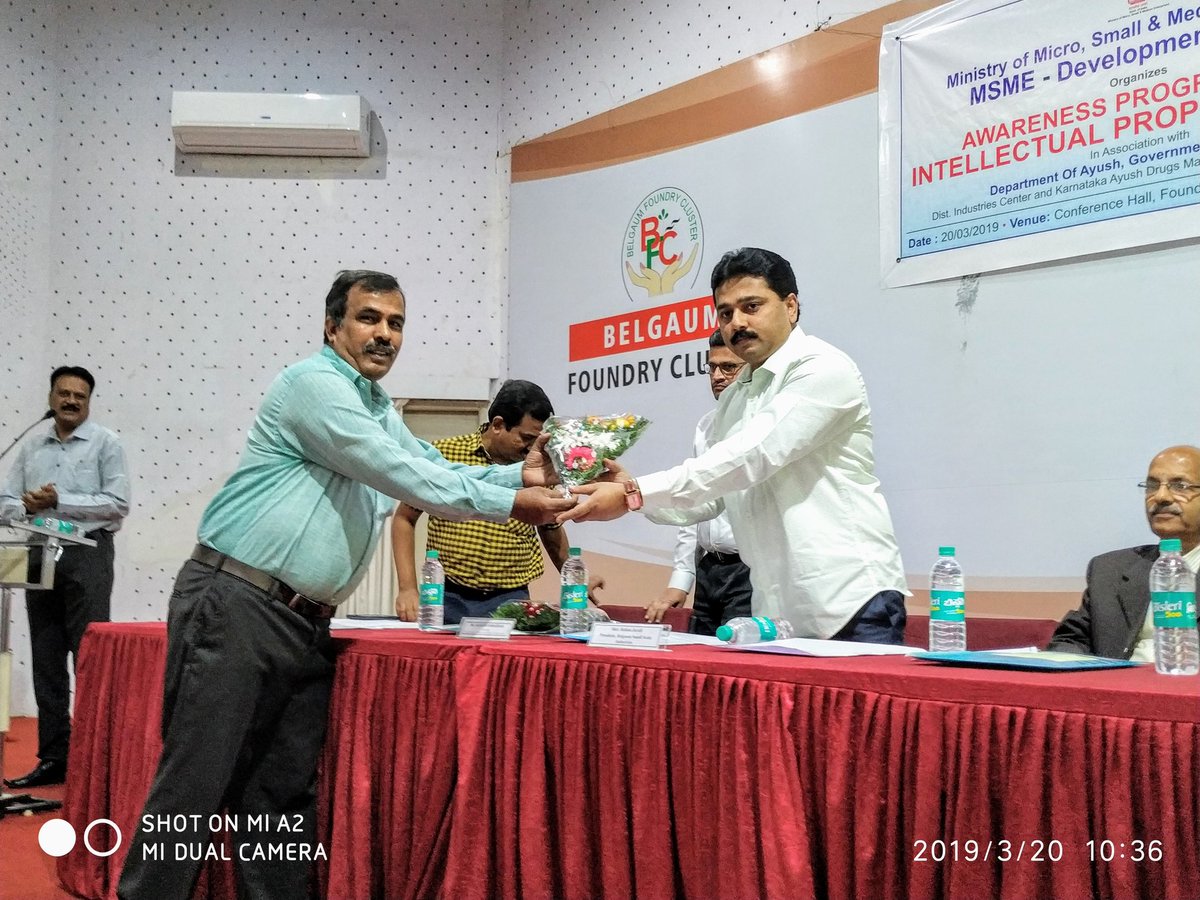 BgmDist's tweet photo. President Rohan Juvali attended as Guest of Honor for "Awareness Program on Intellectual Property Rights" organised by MSME-DI, Hubli at Belgaum Foundry Cluster. https://t.co/I3Mx1RoSGD