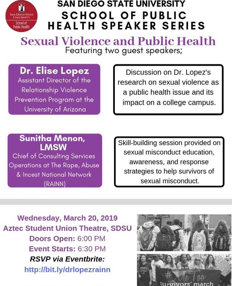 Reminder! Event 3 of the SPH Spring Speaker Series is Tomorrow night! Come hear about Sexual violence &amp; public health. Don’t forget to RSVP on Eventbrite! #springspeakerseries  #sph #sdsu #chhs #publichealth