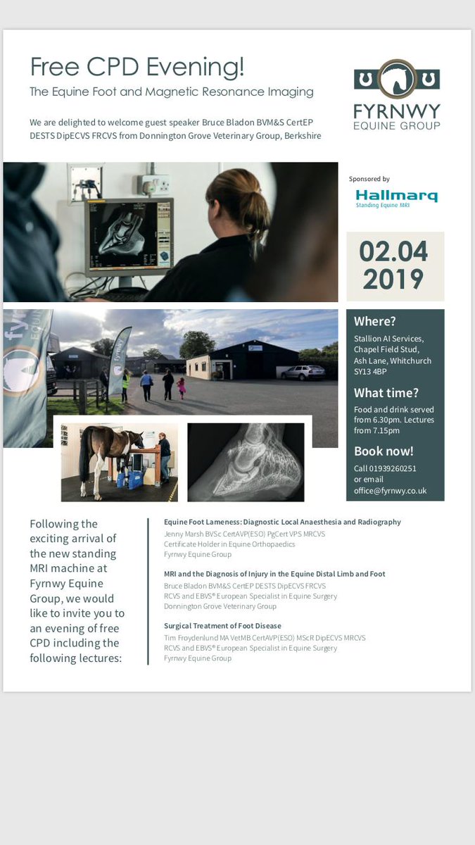 CALLING ALL VETS, PHYSIOS AND FARRIERS 🐎
Join us for an evening of free cpd at <a href="/StallionAI/">Stallion AI Services</a> 
World renowned surgeon Bruce Bladon from Donnington Grove <a href="/NewburyVets/">DGVG Vets</a> will be discussing MRI of the distal limb. 
Call the office on 01939 260251 to reserve your limited space. 🐎