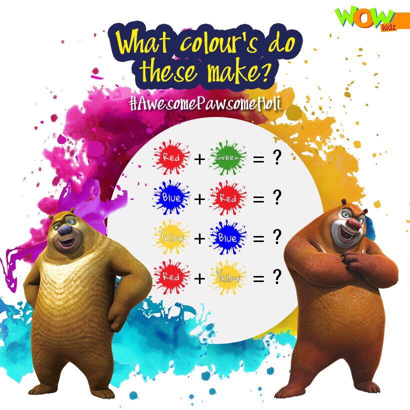 WowKidzTv's tweet image. #CONTESTALERT!😄
Ready to win exclusive prizes?🎁
All you have to do is:
1. Follow us
2. Like this post
3. Tell us what colours are made by the given combinations using #AwesomePawsomeHoli
@Contest_in @india4contests @Contest_Hub #contest #HoliContest #HoliHai #Holi2019 #giveaway