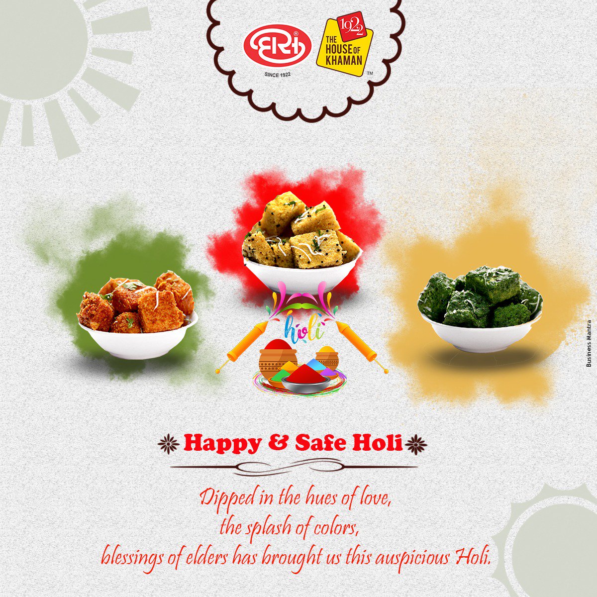 das_khaman's tweet photo. From the entire family of DAS KHAMAN, we wish you all a very Happy, Joyous &amp; a Safe HOIL...
Follow us - https://t.co/1ogrNgG2tA
#HappyHoli #ColoursofFlavours #DasKhaman #SafeHoli https://t.co/M9X98XHnOS