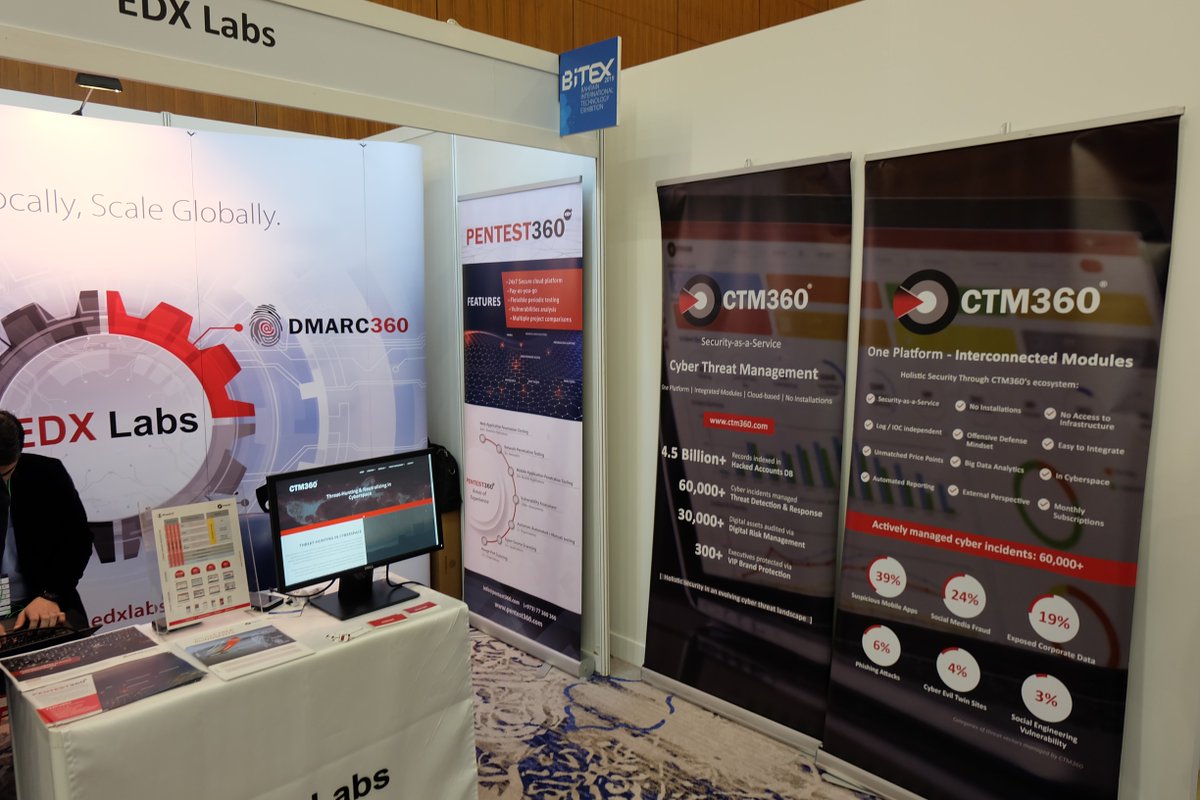 dmarc360's tweet photo. Day 1 at BITEX &amp; MEET ICT 2019 down! Come a visit the  @TeamEdxLabs booth to know more about @teamCTM360 ,  @teampentest360 , @dmarc360 , MG360 and the innovative R&amp;D behind these technologies  #tech #ICT #Bitex2019 #edxlabs #bahrain #MENA #cybersec #infosec #startupbh https://t.co/9V0q0CybUb