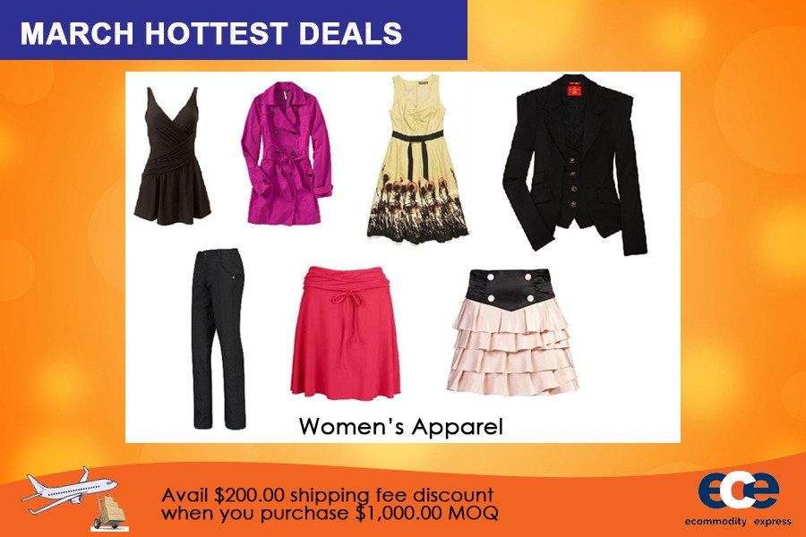 EcommodityXpres's tweet photo. Women’s Apparel as EcommodityExpress #MarchHottestDeals of the day. Get a discount of $200.00 per MOQ of $1,000.00 worth of bulk purchase.

Visit https://t.co/413ivufbBV to learn more.

#EcommodityExpress #WomensApparel #MarchHottestDeals #Supplier #purchase #onlinestore https://t.co/6O6p3TGlGf