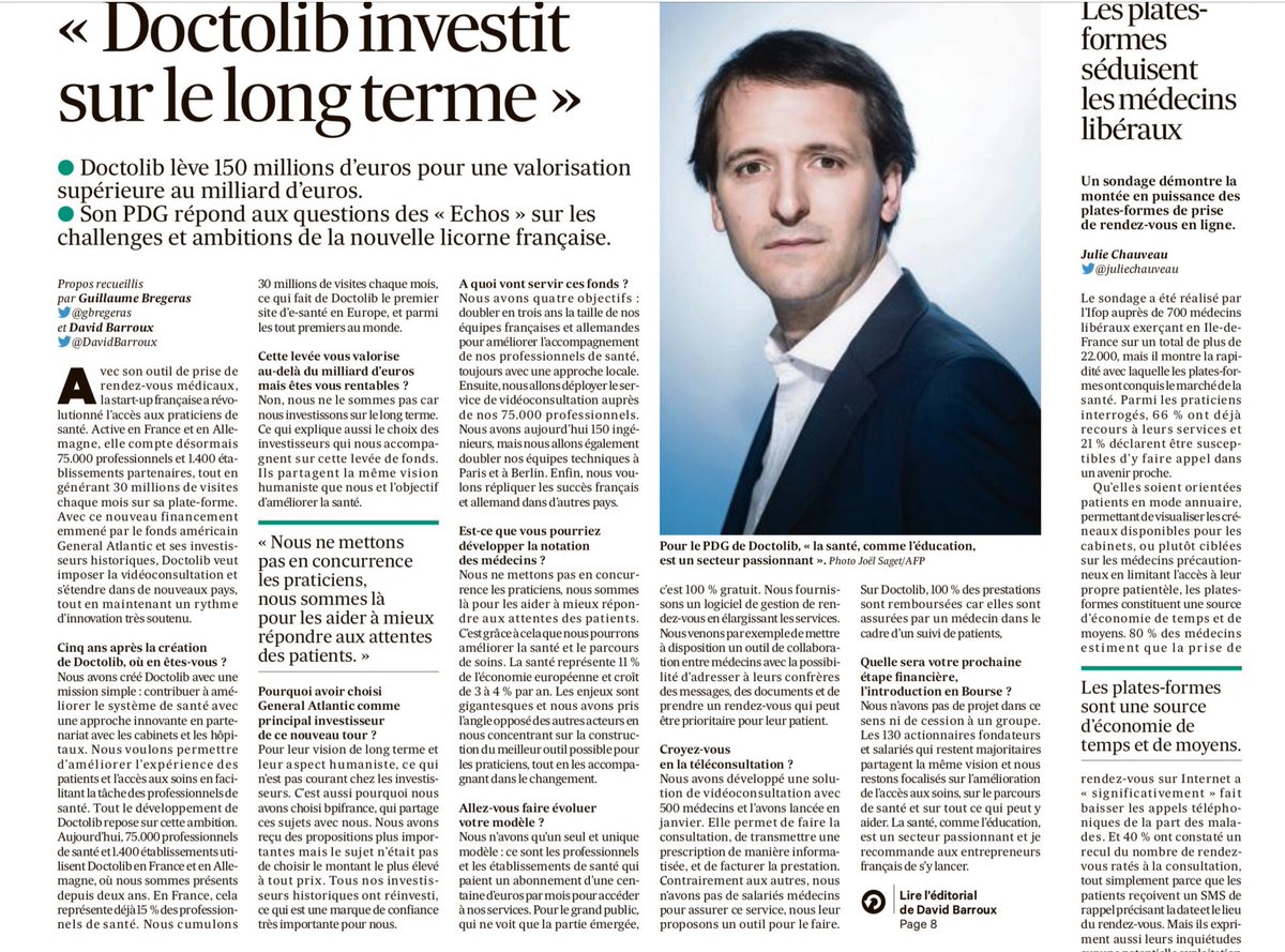 “Doctolib investit sur le long terme" - Retrouvez l'interview de @stanniox, cofondateur et président de Doctolib, ce matin dans Les Echos suite à notre nouvel investissement. Une nouvelle étape de franchie pour Doctolib et ce n'est que le début :) res.cloudinary.com/djqdp2tlr/imag…