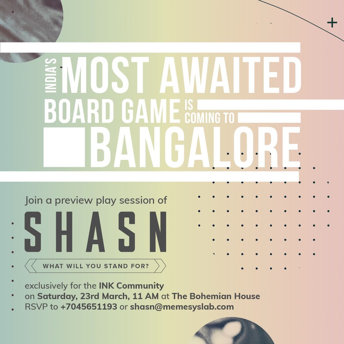 inktalks's tweet photo. What does it take to win at politics? #INKFellow @zainmemon_ will make you think like a politician with his mastermind #boardgame, Shasn. Sign up for your chance at a preview, coming to you in Bangalore this Saturday!
#Shasn #politics #preview https://t.co/ACjeZ8dhh5