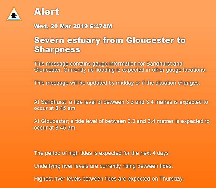FloodAlerts_GLS's tweet photo. Flood Alert, 6:47AM 20/03/2019, Severn estuary from Gloucester to Sharpness, https://t.co/mxUs0TPNK5 #floodaware https://t.co/mndrAT0HX1
