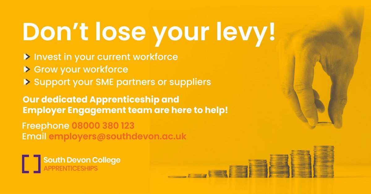 Are you an Apprenticeship Levy paying employer? Don’t miss the opportunity to spend it 👇🏻 @sdcollege @BeckyDavies01 @TDABusiness @jasonbuckTDA @FlipflopRobbie @TorbaySDevonNHS @TorbayBusiness @liz_TDA @CarlWyardTDA #suppotingemployers #apprenticeshiplevy
