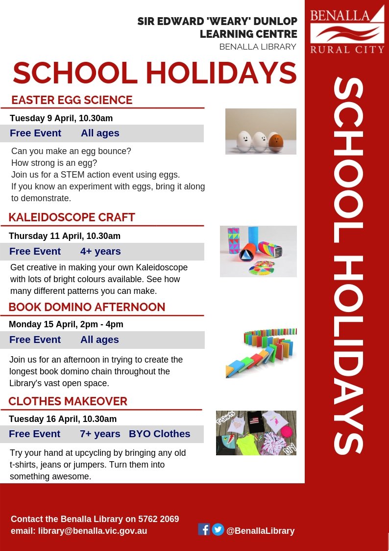 Join Benalla Library in the School Holiday program for Primary aged children. For more information call us on 5762 2069 or email library@benalla.vic.gov.au
