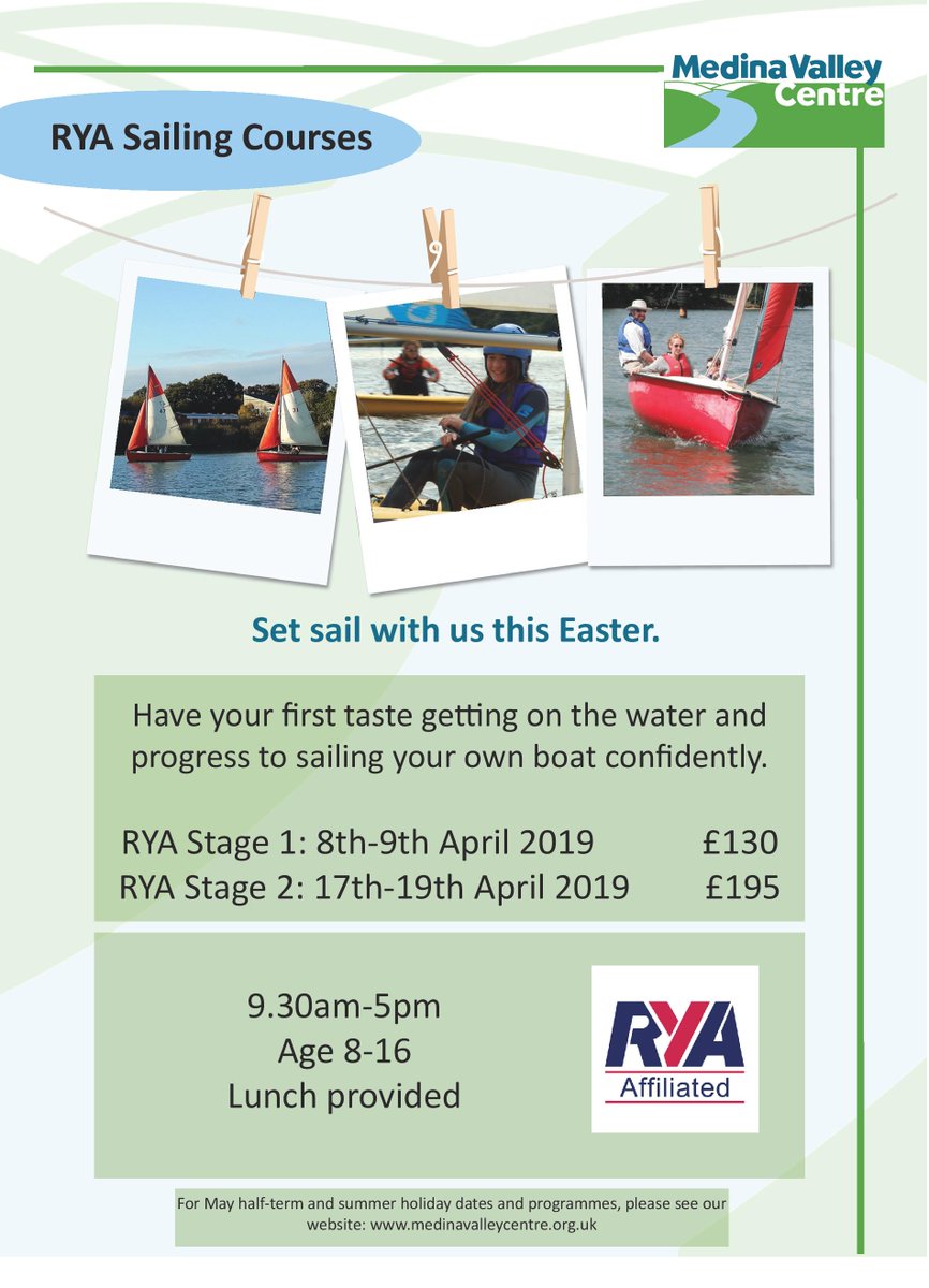 Ahoy potential sailors! ⛵️We're holding RYA Sailing Courses for 8-16 year olds over the Easter holidays  - come and work towards your Stage 1 or Stage 2 qualification whilst having loads of fun! Give us a call on 01983 522195 or email  info@medinavalleycentre.org.uk to book!