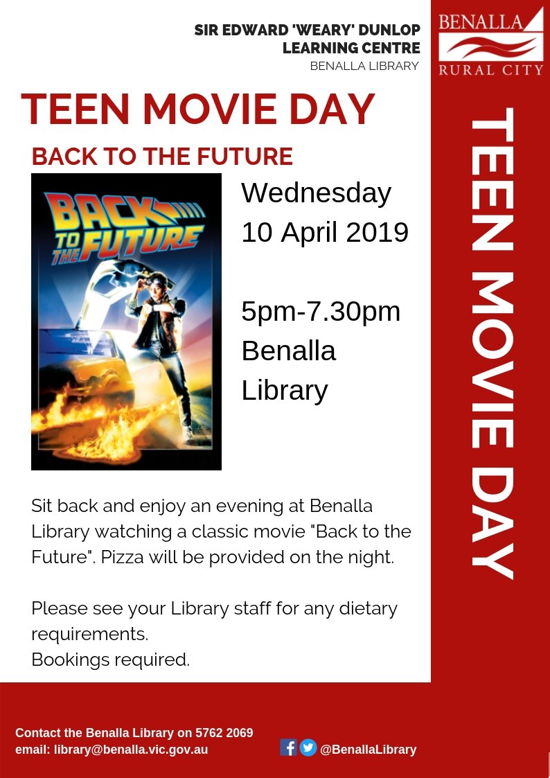 Take a trip to the past with our Teen chosen movie "Back to the Future"
Bookings are essential as places are limited.
Call Benalla Library on 5762 2069 or email library@benalla.vic.gov.au