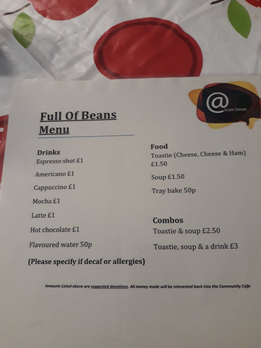 ScottSt16Plus's tweet photo. Full of Beans Cafe
11:30-2pm every Thursday
68-86 Scott Street
Coffee/tea/hot chocolate £1
Toasties £1.50
Soup of the day1.50
Tray bake 50p
Combo ofToastie, Soup & Drink £3 #amazingfood #GIRFECT #greatfood @PerthandKinross #quality @Ginofantastico #LewisCapaldisscottstreetchat https://t.co/MjjvcmH7HW