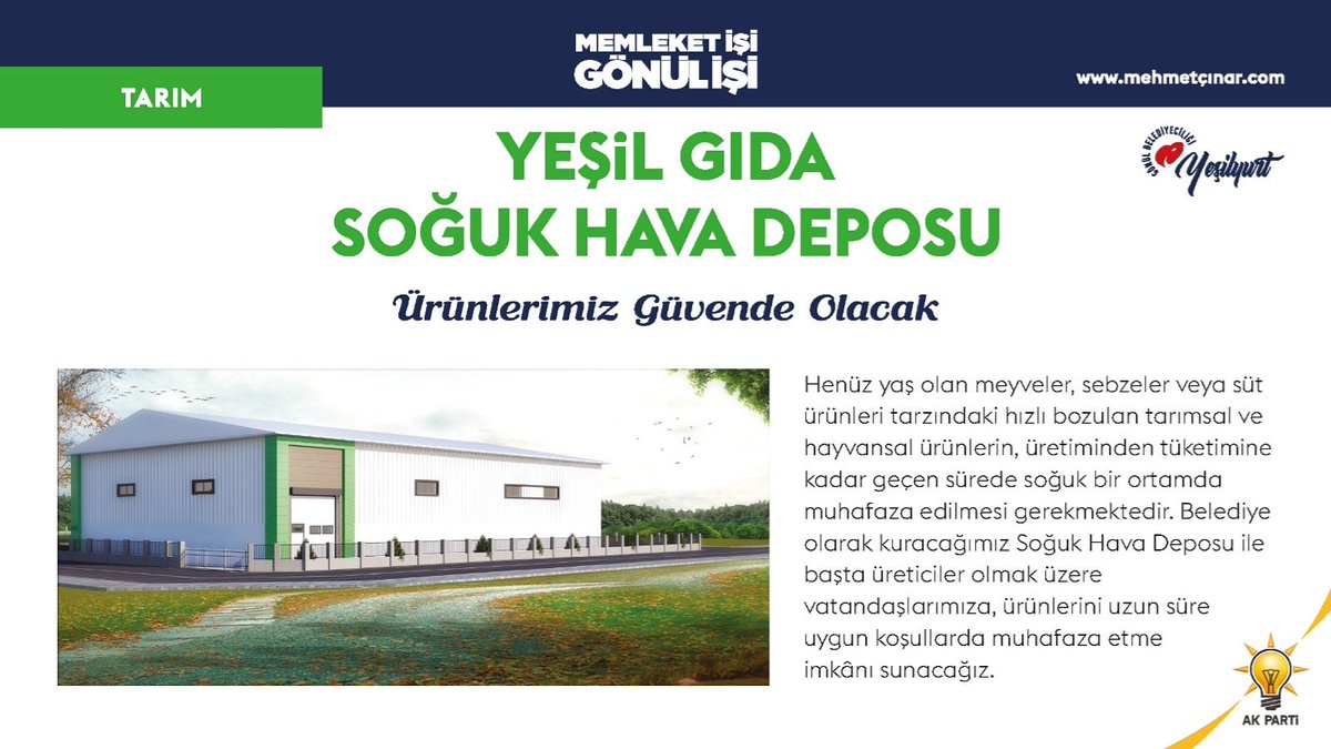 mehmetcinar44's tweet photo. Yeşil Gıda Soğuk Hava Deposu “Ürünlerimiz Güvende Olacak”
Henüz yaş olan meyve, sebzeler veya süt ürünleri tarzındaki hızlı bozulan tarımsal ve hayvansal ürünlerin üretiminden tüketimine kadar geçen sürede soğuk bir ortamda muhafaza edilmesi gerekmektedir. 
#Belediyeişigönülişi https://t.co/7J3BNc5V9y