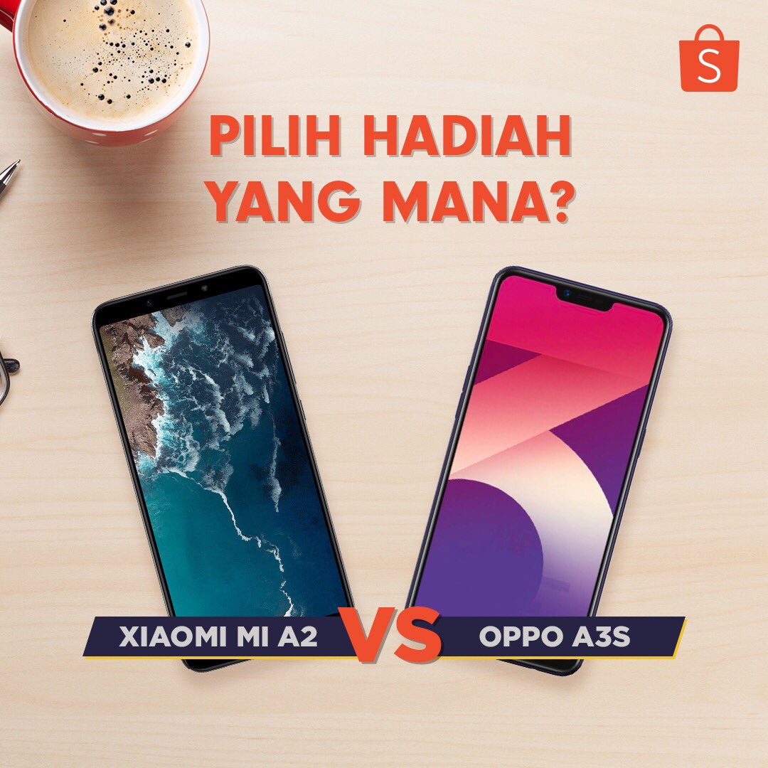 Sobat Shopee! Kalau kita kasih hadiah gratis antara Xiaomi Mi A2 atau OPPO A3S, kamu pilih yang mana nih? 🤔 Retweet dan komen pilihan kamu, siapa tau kita kasih GRATIS! 😉  #ShopeeID