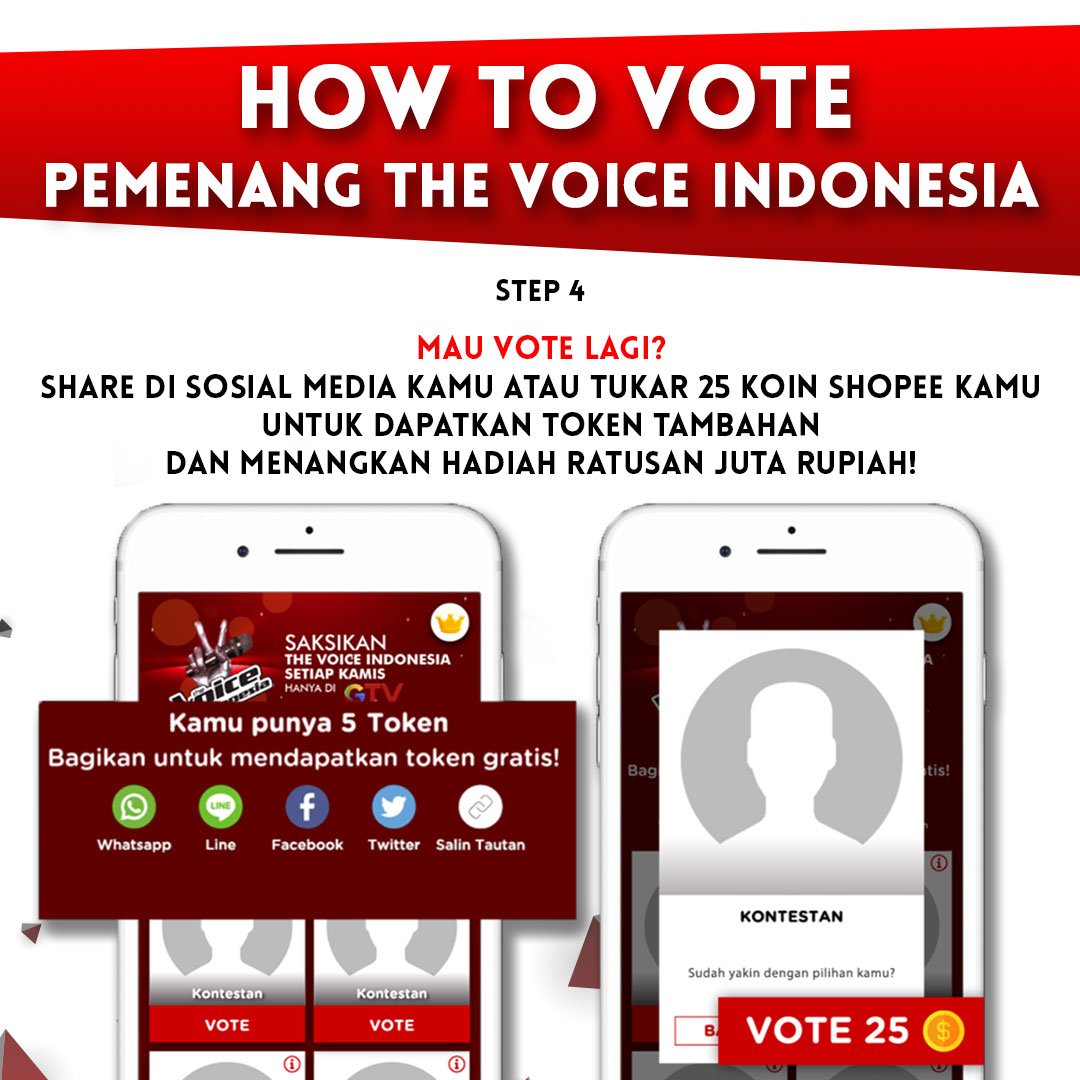 OfficialGTVID's tweet photo. Buruan vote kontestan favoritmu sekarang karena mereka sangat butuh dukungan kamu. Download Shopee dan vote kontestan favoritmu di Shopee! Ada hadiah uang tunai untuk 10 voter beruntung setiap minggunya &amp; 2 paket liburan ke Bali! @ShopeeID #VoteDiShopee #TheVoiceGTV #MakeItLouder https://t.co/Z8046VVU0o