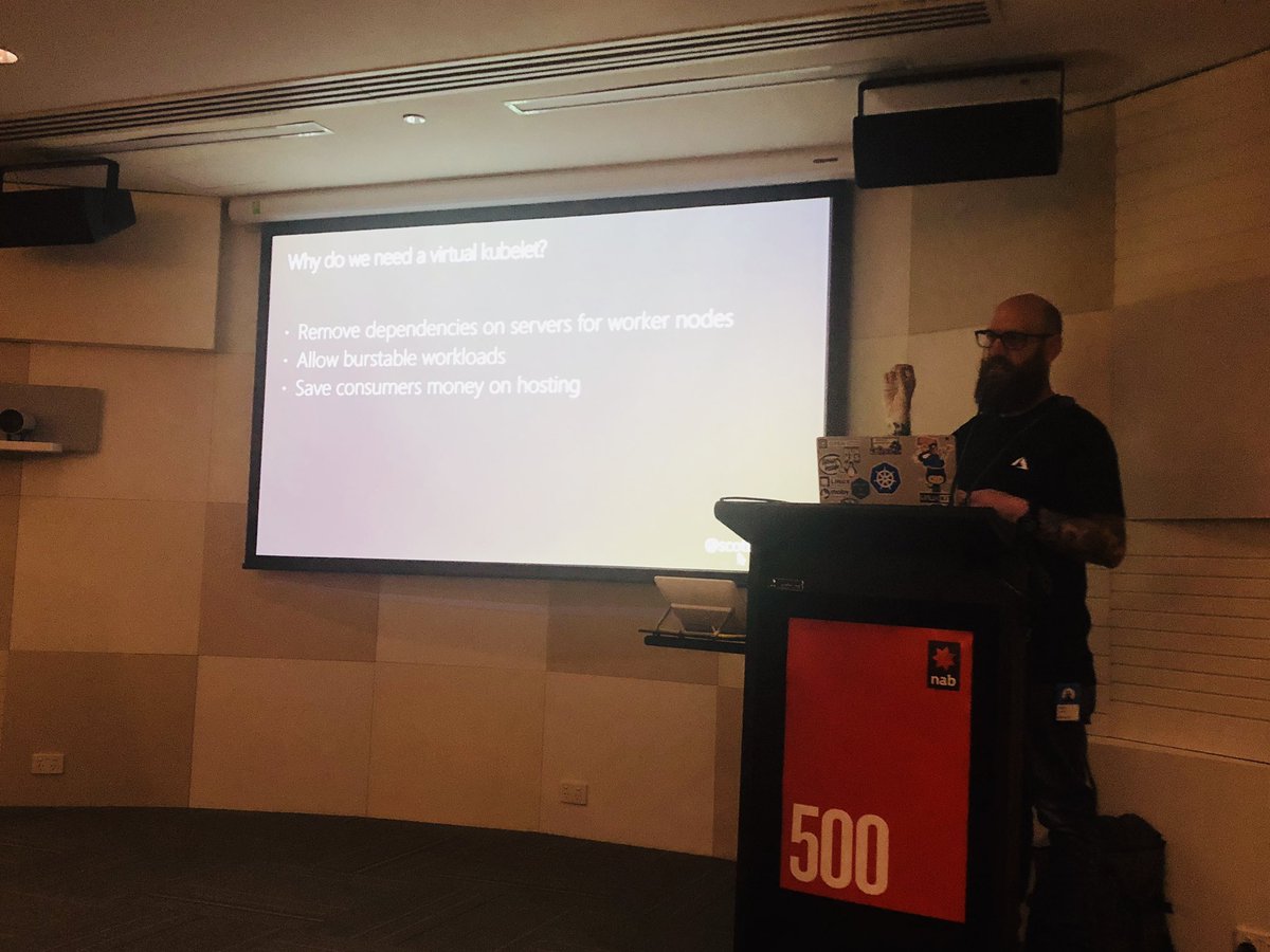 benitogriffin's tweet photo. @scottcoulton explaining #virtualnode and #virtualkubelet @melbkubernetes @NAB with @MicrosoftAUDev sponsoring. https://t.co/IXkIRehNT3