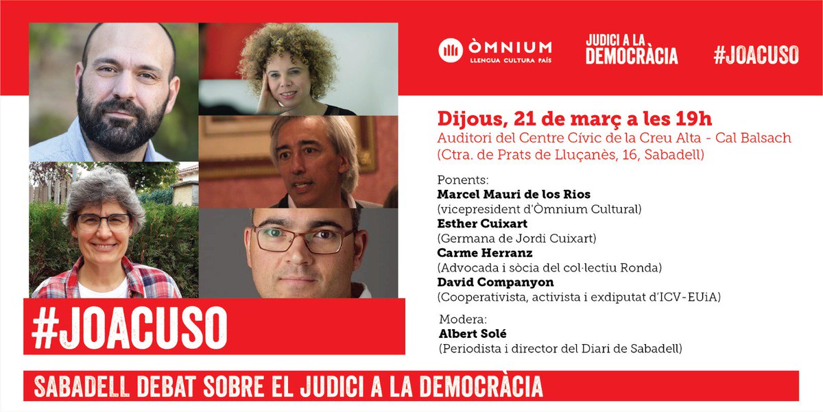 albertsoleb's tweet photo. Demà modero una taula rodona a Sabadell organitzada per @omnium amb @marcelmauri per parlar de el #judicialproces. Ens acompanyeu? https://t.co/W50JY8rCXy