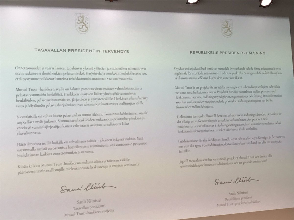 ira_pasi's tweet photo. ”Hätätilanteissa meillä kaikilla on velvollisuus toimia - jokainen kykynsä mukaan.” Presidentti @niinisto @mutualtrust10 hankkeen suojelija lähettää terveiset #kaikkipelastetaan seminaariin. https://t.co/11m9I8u2lG