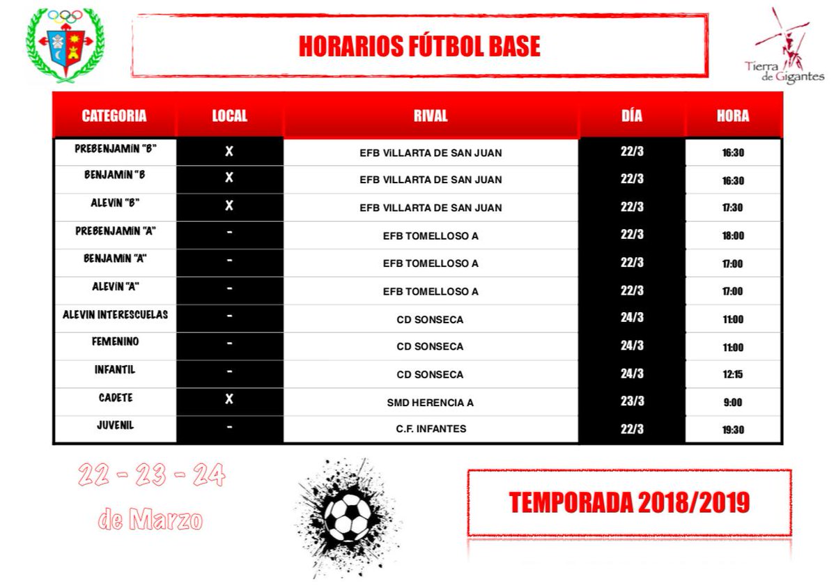 EmbCriptana's tweet photo. Horarios Competitivos 22-23-24 de Marzo.

#escueladefútbol #formación #TierradeGIGANTES https://t.co/Oo35qhqPB7