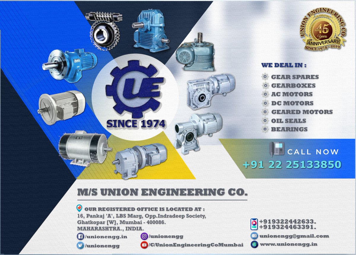 <a href="/unionengg/">Union Engineering Co</a> 🇮🇳 Since 1974., masters in Manufacturing &amp; Distribution of #GearSpares, #Gearboxes, AC / DC Motors, Inline Helical &amp; Worm #GearedMotors, Bearings, Oilseals &amp; Other Power Transmission Products Etc ⚙️ Worldwide 

🌏 : bit.ly/unionengg