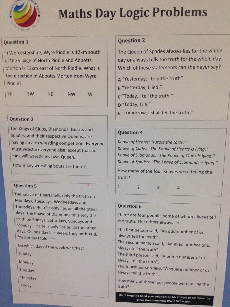 HIS_Maths's tweet photo. Throughout the day the students had a series of Logic Problems to tackle; one in each lesson of the day. How many can you solve? #LoveProblemSolving https://t.co/tQGxrvoaAO