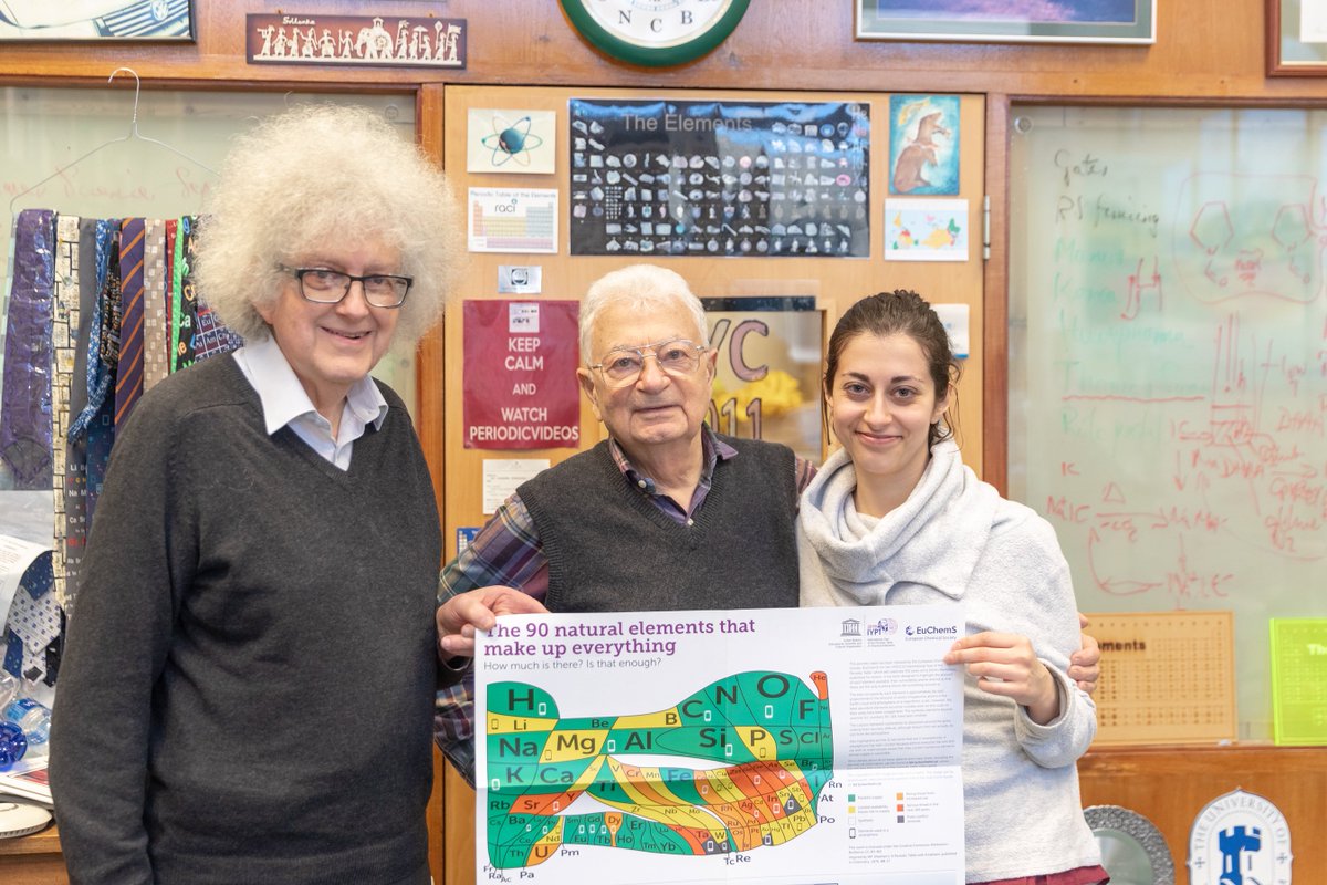 EuChemS's tweet photo. Wonderful photo of Sir Martyn Poliakoff @periodicvideos, Yuri Oganessian and his granddaughter Sona with the @EuChemS Periodic Table! Read more about the Table and the #IYPT2019 here: https://t.co/QPWpvsPfAm #elementscarcity https://t.co/10oDbqN51U