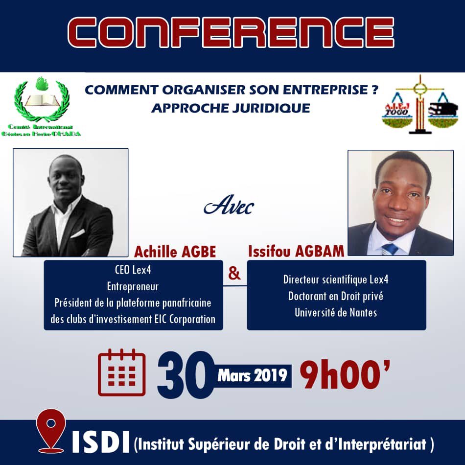 [SAVE THE DATE 📆] L'équipe de #Lex4 participera à la prochaine conférence à l'Institut Supérieur de #Droit et d'Interprétation au #Togo - 30 mars 2019 / 9h00