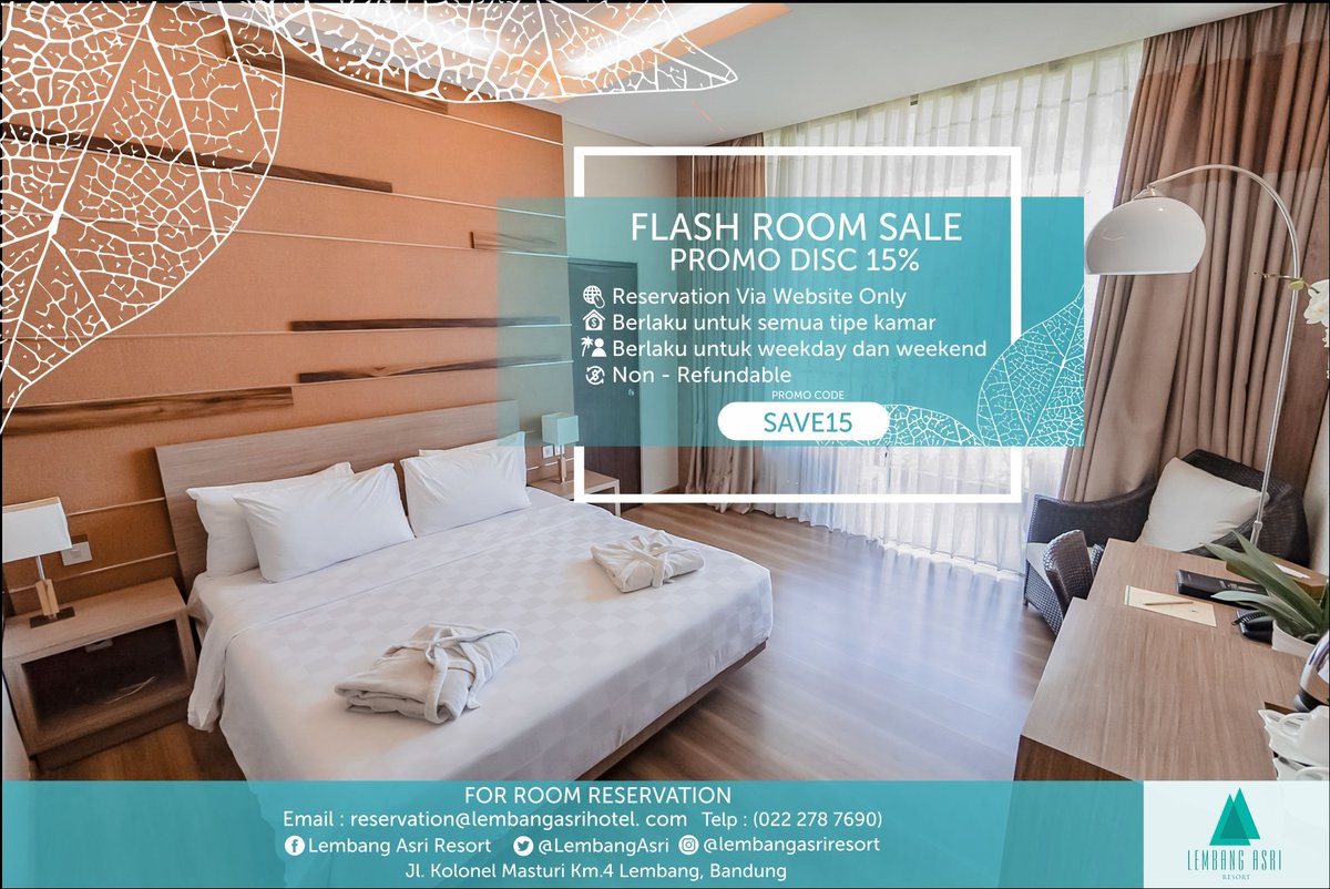 LembangAsri's tweet photo. Ayooo cek! 
https://t.co/MKCsYqZOZU
Reservasi via web banyak keuntunganya
.
ketentuannya
Kode Promo : SAVE15
. 
Syarat &amp; Ketentuan Promo
- Berlaku untuk semua tipe kamar.
- Disc 10% (weekday dan weekend)
- Non-refundable 
More Info (022) 2787690 / (022) 2787691 https://t.co/rxm7KWtW1U