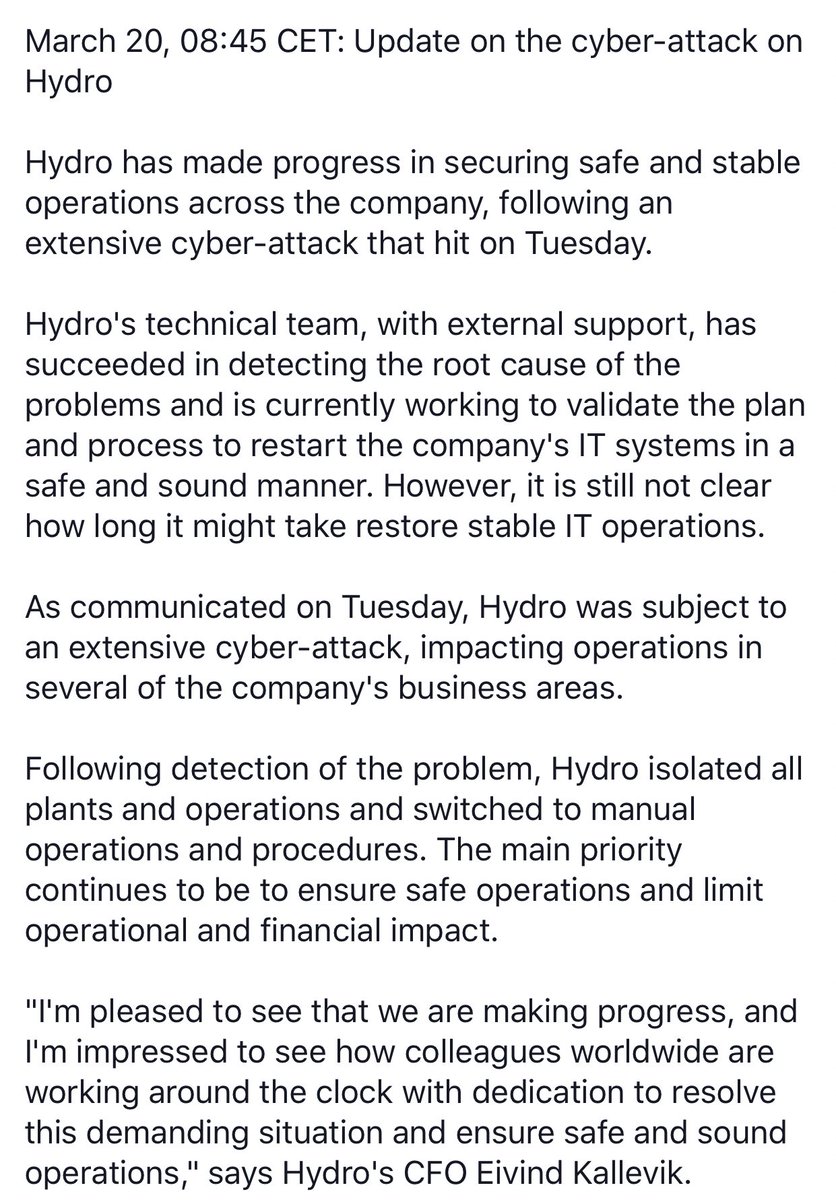 Here’s the latest update from Norsk Hydro. They’re basically running manufacturing production (where possible) from pre-printed order lists.