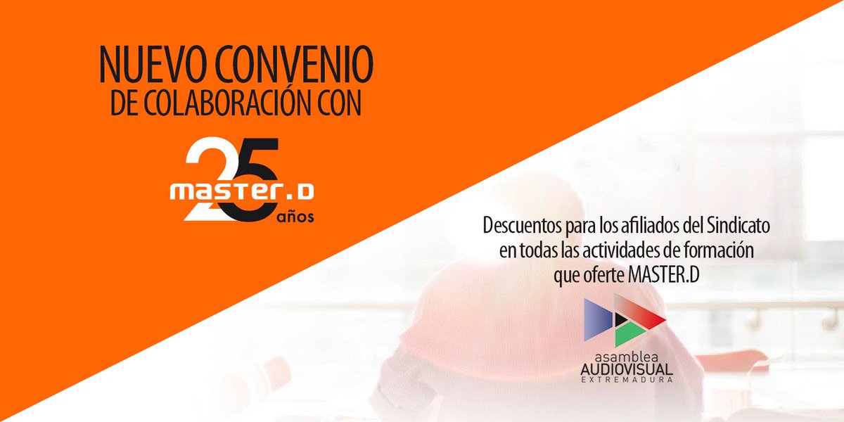 SindicatoASAEX's tweet photo. #ASAEX firma un convenio con @MasterDGrupo para potenciar y dar visibilidad al talento audiovisual y proyectos extremeños, contaremos con descuentos para nuestros afiliados y se crearán cursos para los técnicos profesionales del sector audiovisual.
https://t.co/x6jfydYx1H https://t.co/XWMYVGWbel