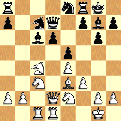 ¡Buenos días! Comparto la partida que estoy jugando por email con mi amigo Alberto. Las piezas que veis en c4 y c7 son "Dragones", que mueven como alfil y caballo. ¡Lo que más me gusta es que no se puede usar el módulo de análisis! Pronto os daré más novedades sobre el tema...