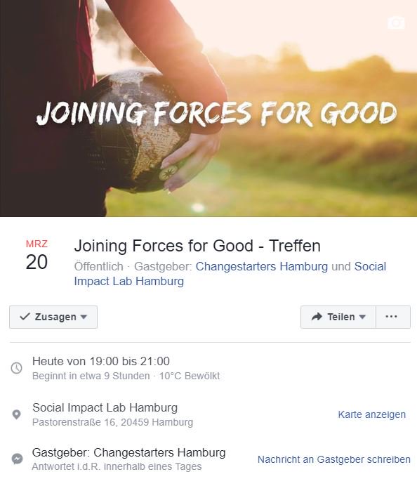 change_starters's tweet photo. The #joiningforcesforgood meeting will take place today. 7 pm @socialimpactlab #Hamburg https://t.co/KAGzgQ4avV ✌️ https://t.co/MkHY05eeJO