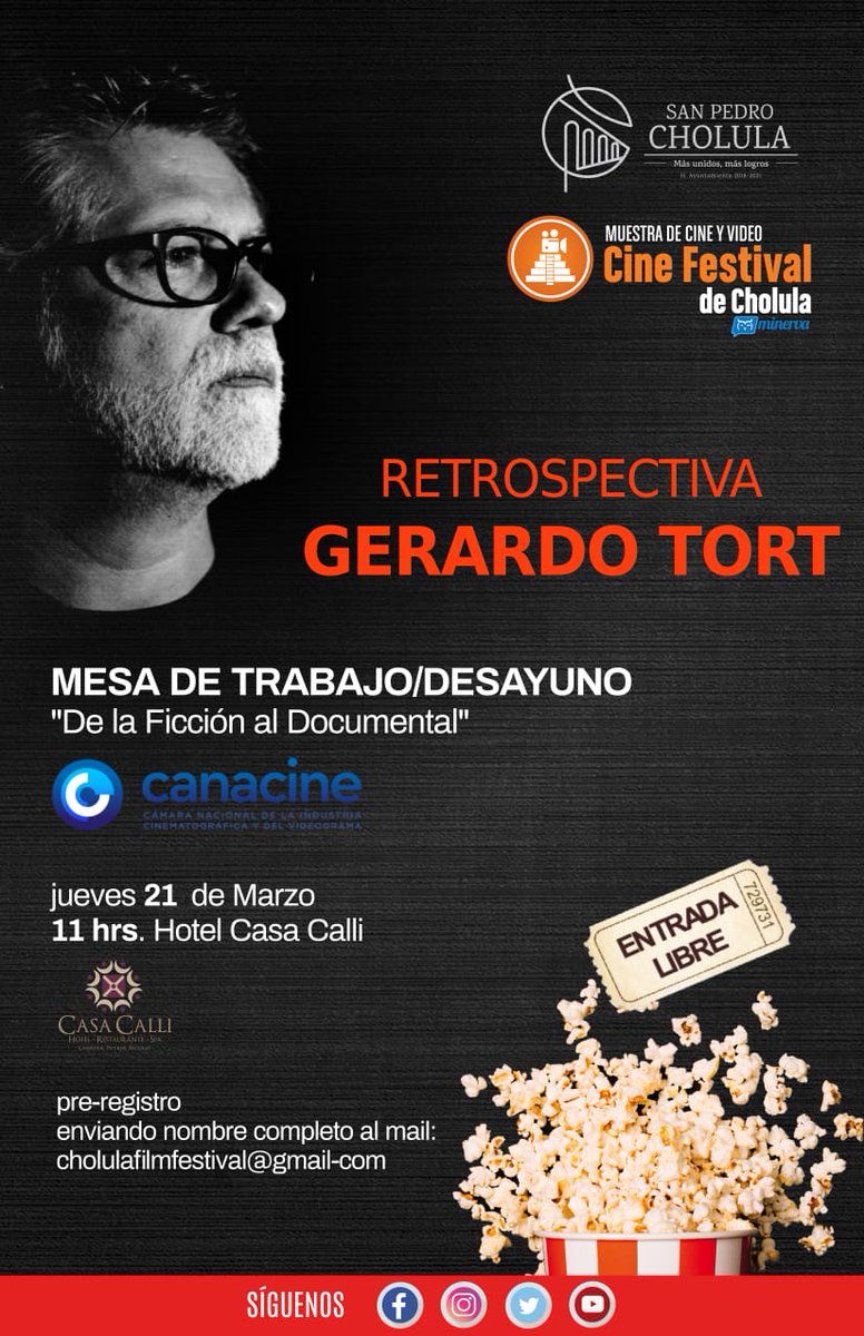 Los invitamos a conocer el cine de <a href="/gertortka/">GERARDO TORT</a> en la retrospectiva organizada por <a href="/CholulaFilmFest/">Cine Festival de Cholula</a> y a convivir con el cineasta poblano jueves 21 de marzo 
#NoFalten
<a href="/romishka8/">Romy Quiroz</a> <a href="/redquiroz/">Rafa Quiroz</a> <a href="/R8prior/">Rogelio Prior</a> <a href="/kike_gamez/">Luis Enrique Gamez S</a> <a href="/CulturaMinerva/">Minerva Cultura</a> <a href="/minervaruizcor/">Minerva Ruíz Cortés</a> <a href="/cineabordo/">Marco Ruiz Cortes</a> <a href="/HiRaM_ChIwA/">Hiram Estupiñan</a> <a href="/robquinterov/">Roberto Quintero</a>