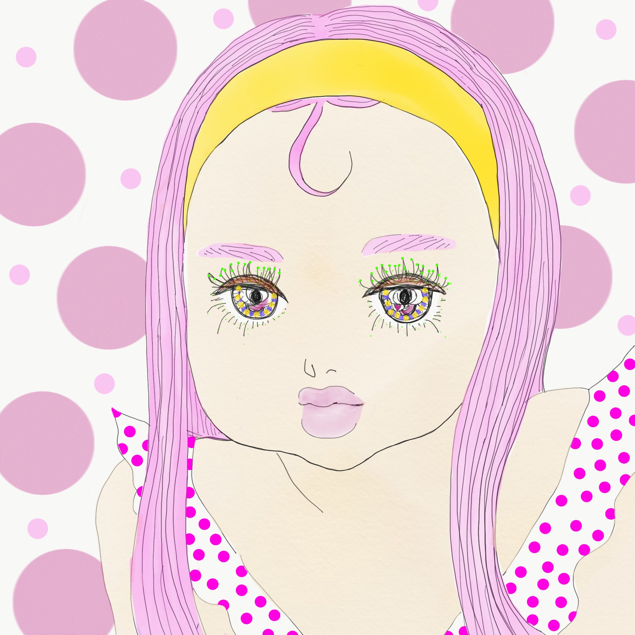 Nicori Oekaki 今からメイク落としをする 女の子 今日もありがと メイク落とし ヘアバンド ロングヘア 前髪 チャームポイント ピンクコーデ ドット 部屋着 女の子 今日も ありがと イラスト お絵かき イラスト好きな人と繋がりたい