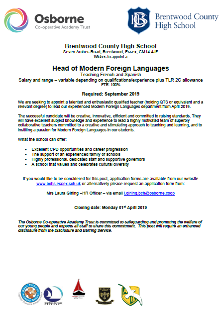 BCHSupdates's tweet photo. Vacancy Alert! Head of Modern Foreign Languages required for September 2019. Closing date 1st April 2019.
For further details - https://t.co/PWMgb9il3t https://t.co/j3KhmL4w27