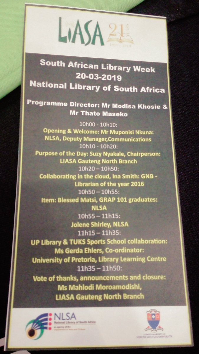 LisligL's tweet photo. The @LiasaGN branch #SALW19 launch is currently underway at the @NLSA1. Our PRO and Chair elect are in attendance. #CollaborateAtYourLibrary
#SouthAfricanLibraryWeek https://t.co/KlcQEbEEfh