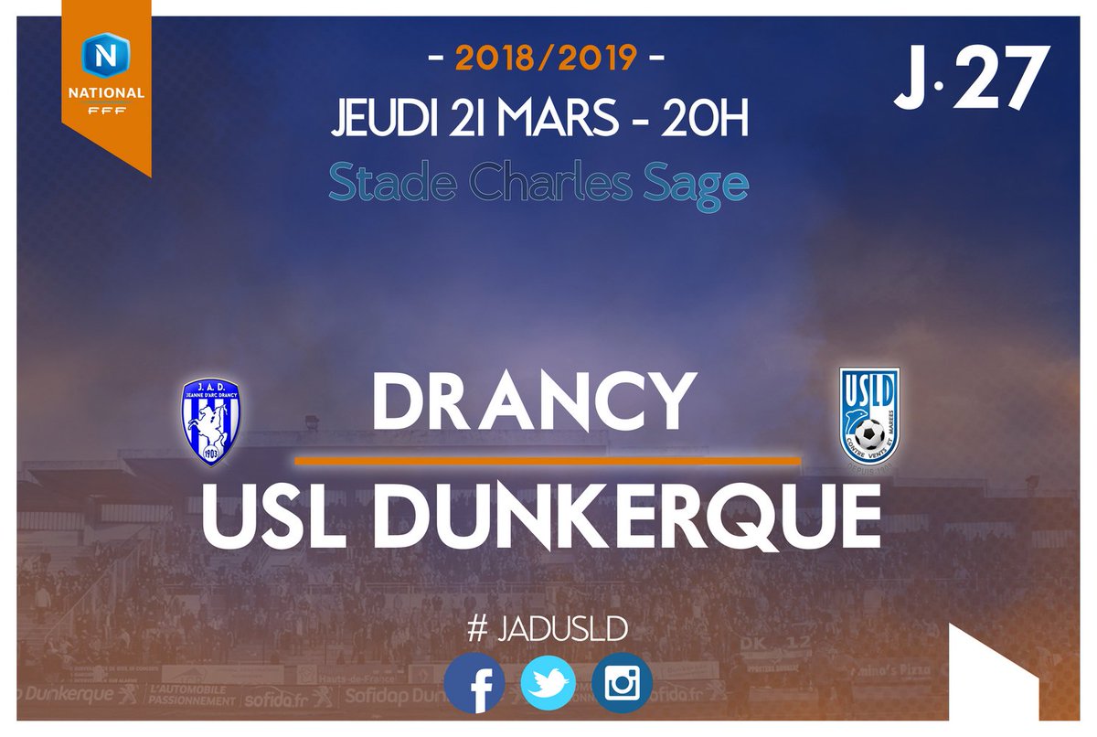 usldunkerque's tweet photo. 🔥 JOUR DE MATCH 🔥
🏆 #NationalFFF
⚽️ @JA_DrancyOff vs USLD
📍 Stade Charles Sage
🕒 20h
#JADUSLD https://t.co/Ix9rVFdxNo