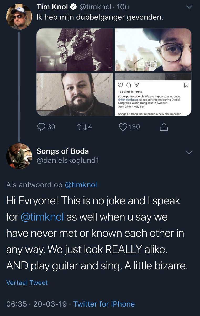 Wat grappig! <a href="/timknol/">Tim Knol</a> heeft z’n dubbelganger gevonden. In 2016 stond <a href="/danielskoglund1/">Daniel Skoglund</a> bij ons tijdens Festival de Keuze. #throwback