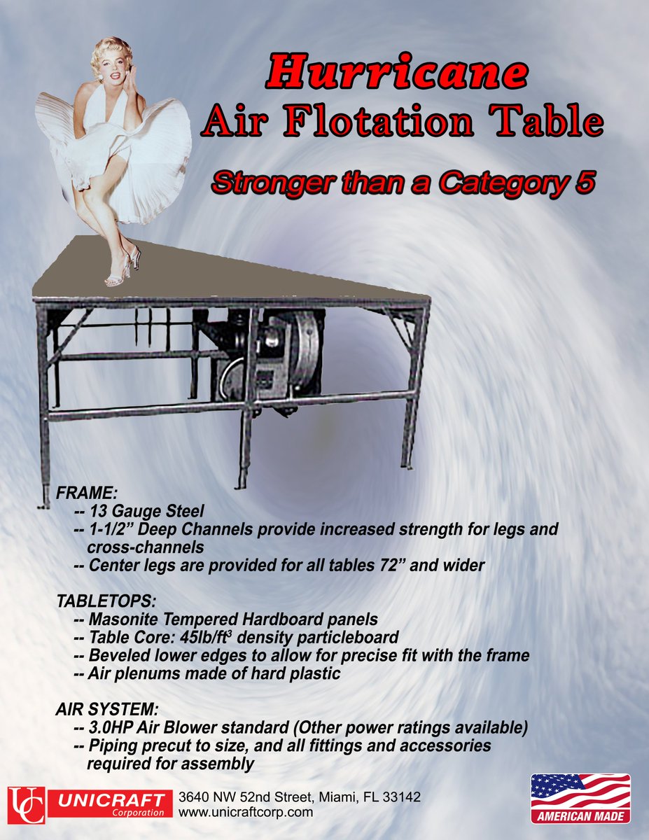 UnicraftCorp's tweet photo. Authentic Hurricane - Air Flotation Table!
visit our website for more Information https://t.co/GIeKpW4D3P https://t.co/1j9R9DfAiw