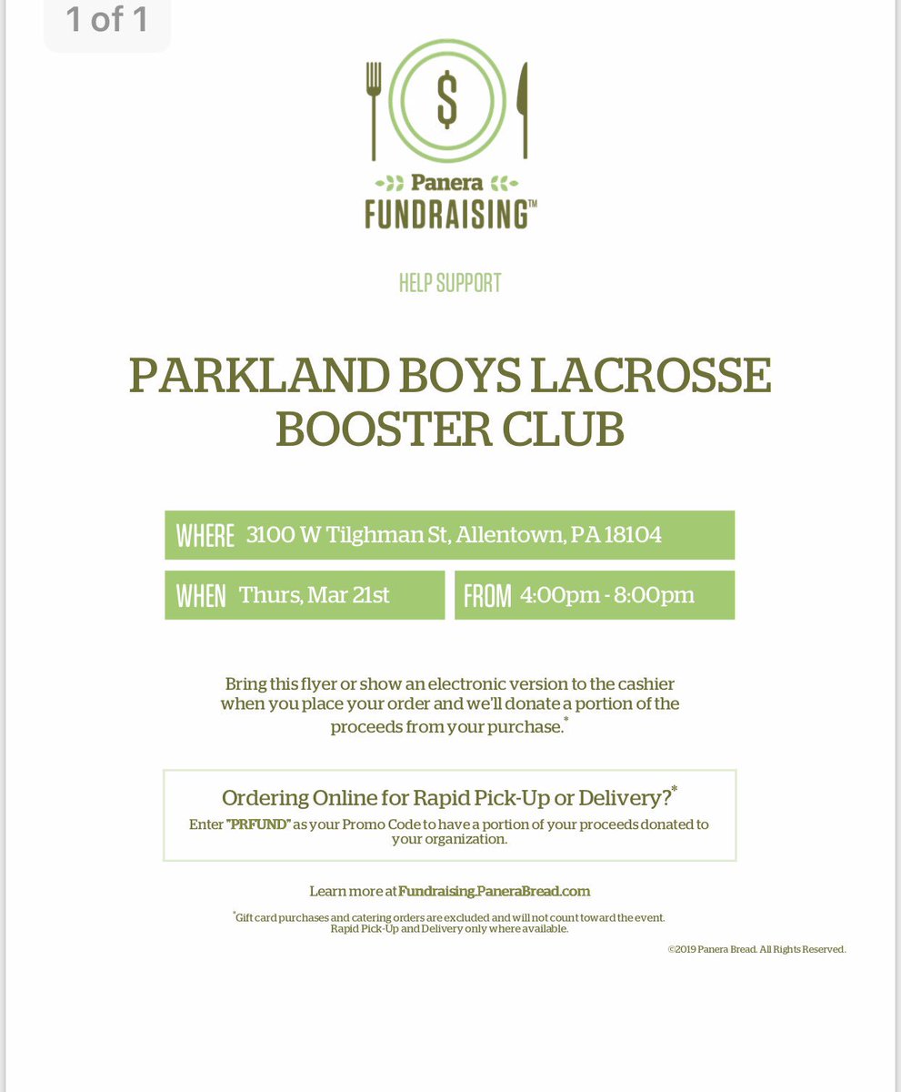 Dine-n-Donate scheduled for tomorrow, Thursday 3/21, at the Panera on Tilghman Street from 4-8 PM. You must show either a physical copy of the flyer or an electronic version via your phone. Order online or through the app also, enter ‘PRFUND’ as the promo code.  See the attached.