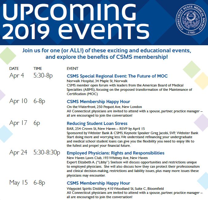 CSMSNews's tweet photo. Happy Spring! CSMS is 'blooming' with events this April & May -- with more in the works. Membership to CSMS has never been more beneficial to you or your practice!
#CTdocs @HCMA_CT https://t.co/1Upr7A9s5v