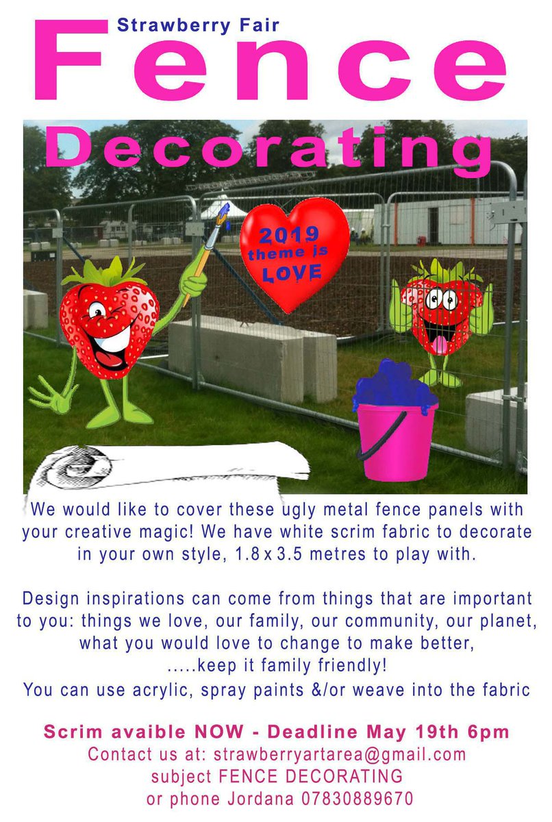 StrawArtsArea's tweet photo. This is a call out for creative people and organisations to get involved with a simple and effective short mission. At Strawberry Fair we want to show off the creative tales in our town and add a little colour to the drab fencing around the fair. More details in the flyer below https://t.co/YKjqUEwf12
