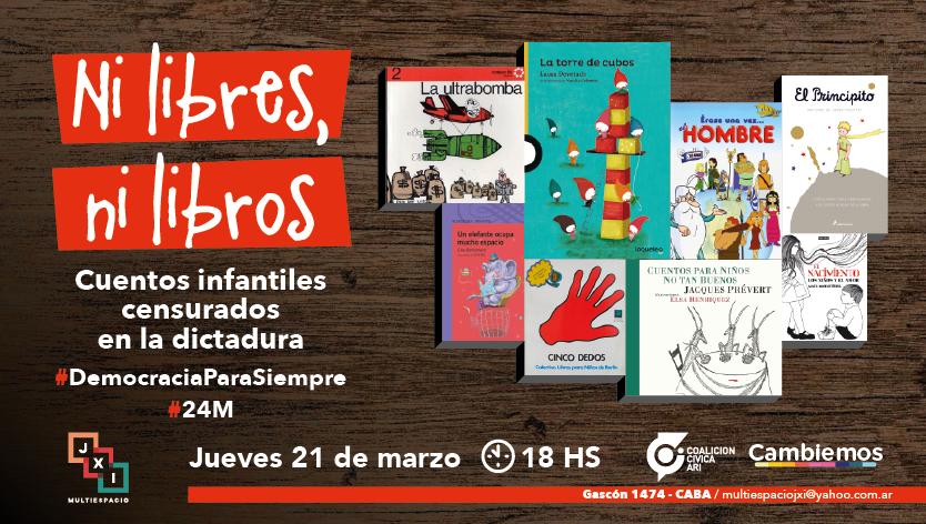 El jueves 21, a las 18, vamos a reflexionar sobre Dictadura y Cultura, en el marco de la Semana por la Memoria. Expondremos los cuentos infantiles censurados, con los decretos que los prohibieron. Lo acompañaremos con una actividad cultural para niños y adultos. ¡Los esperamos!