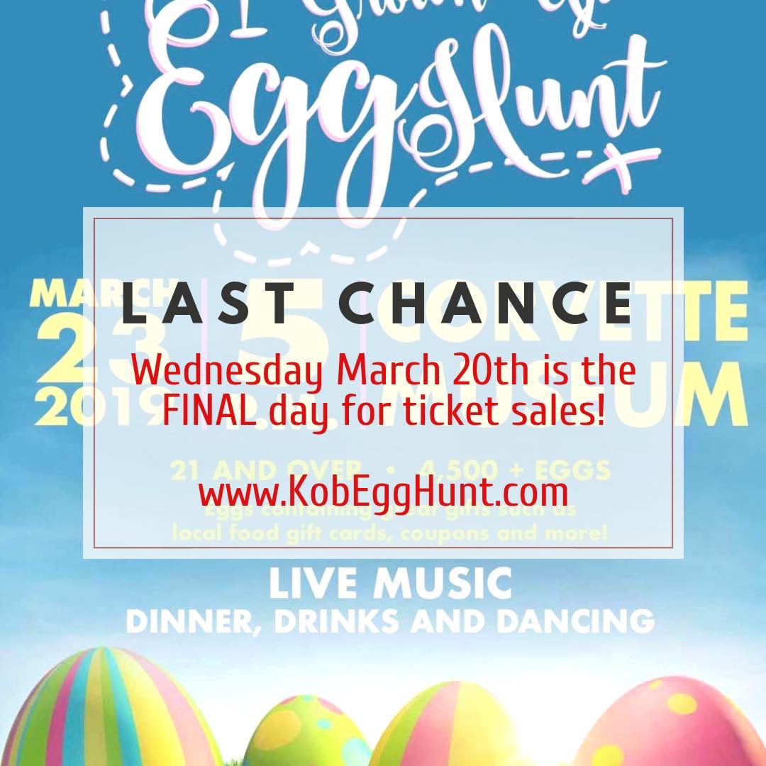 VisitBGKy's tweet photo. Are you an adult?
Still want to hunt eggs?
Like  to do things that benefit others?
Did you answer yes to all of those questions?
Great! Today, Mar 20th is it last chance to buy tickets for the “Grown Up Egg Hunt” benefiting @KentuckyKOB at @corvettemuseum 
https://t.co/ZOoqwTbNk6 https://t.co/9174jvNE9H
