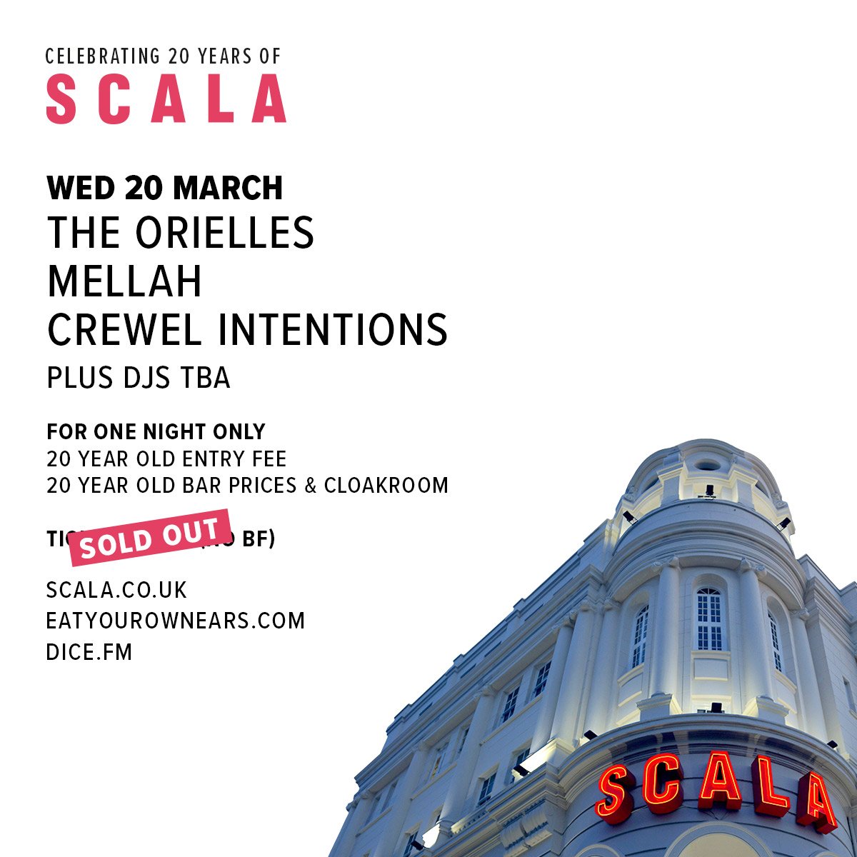 SET TIMES for round 2 of Celebrating 20 Years Of Scala  🎉👏

   Doors 7.30pm 
   <a href="/CrewelIntent/">Crewel Intentions</a> 8pm 
   <a href="/mellllah/">Mellah</a> 8.45pm 
   @TheOrielles 9.45pm
 + @heavenlyrecs DJing in our Foyer Bar til late 

SOLD OUT! Join the <a href="/dicefm/">DICE</a> waiting list - bit.ly/2FhrDzn