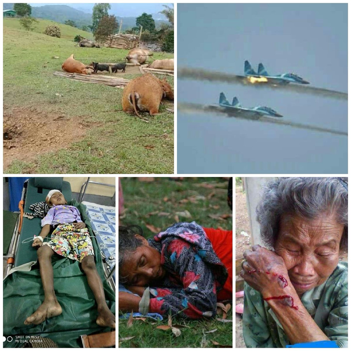 In Arakan, Burma

 During the battles between the Arakan Army -AA and the Burmese Military, the Burmese Military is cowardly bombing by jet fighters by using biochemical weapons. Several civillians and animals in the bombed areas are seriously ill with high fever and migraine.