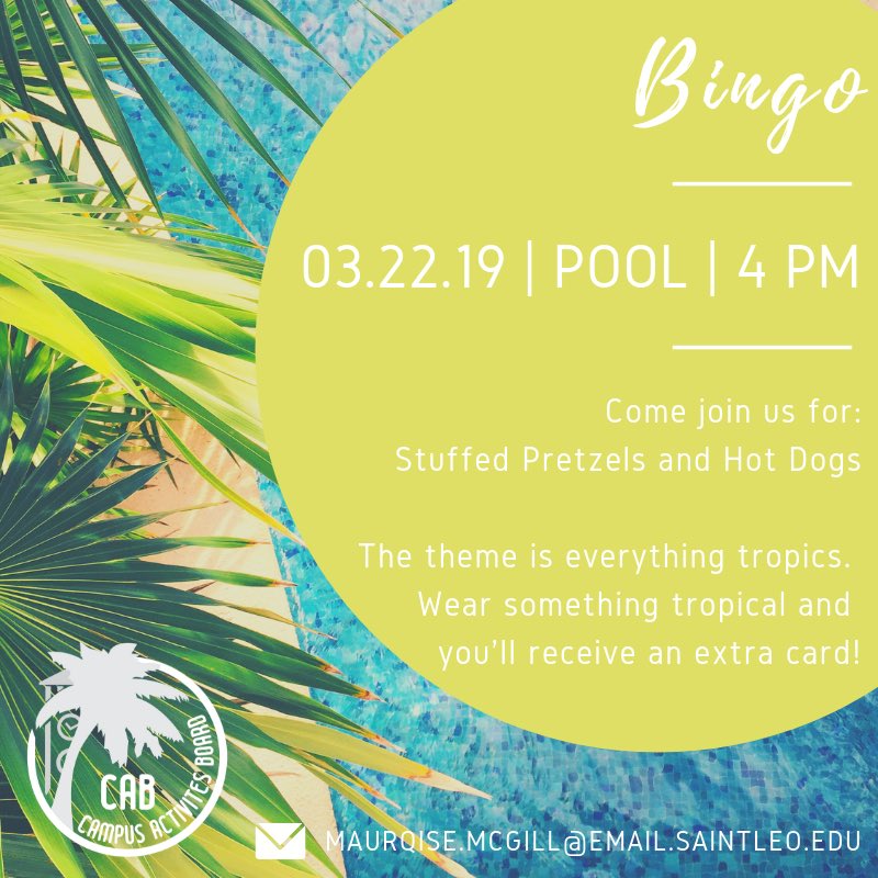 SaintLeoCAB's tweet photo. Come out to our Tropical themed bingo this Friday at 4 PM in the pool! We will be serving hot dogs and stuffed pretzels! If you come dressed in anything tropical you will receive an extra card! Bring your friends, you won’t want to miss this bingo! https://t.co/AarIRHxABS